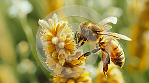 A bee is on a flower with yellow petals