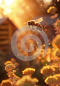 bee on the flowers during pollination in the garden