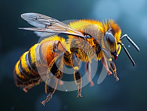 A bee flying in the air with its wings open