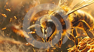 Bee Flying Around Honeycomb with Glimmering Light Effects