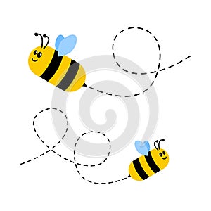 Bee flying characters set. Cute bees with dotted route. Vector cartoon insect