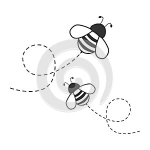 Bee flying on a dotted route. Black and white bee characters