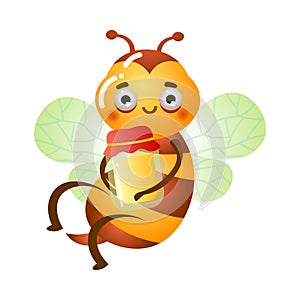 Bee flying and holding glass jar with honey vector illustration