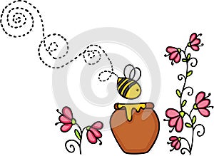 Bee flying with honey pot and flower