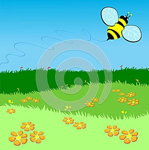 Bee flying over a green lawn