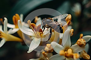 a bee flying over a white flower