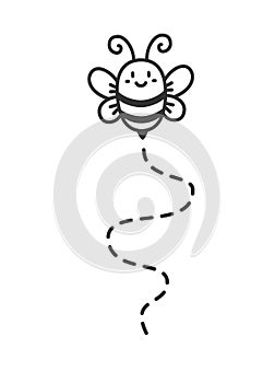 Bee flying path. Travel dotted route. The flight path. Hand drawn cartoon honey bee