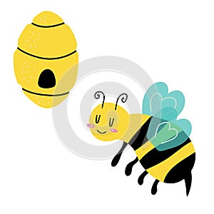 Bee flying to hive. Vector illustration cartoon flat icon isolated on white. can be used for: Print, banner, label, poster,