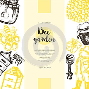 Bee Garden - color drawn vintage banner template.