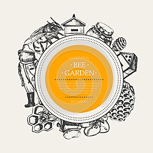 Bee Garden - modern drawn round banner template.