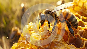 Bee harvesting honey on a honeycomb. Insect on honeyed hive in sunlight. Concept of apiculture, natural sweetness