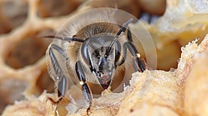 Bee harvesting honey on a honeycomb. Insect on honeyed hive in sunlight. Concept of apiculture, natural sweetness