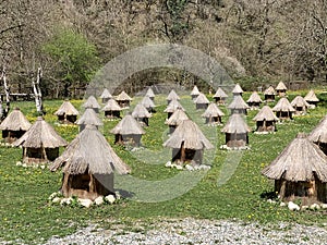 Bee hive in the form of houses on green grass