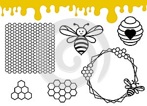 Bee hive and honeycomb pattern. Honey drips border.