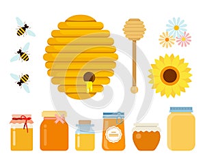 Bee hive, wooden honey spoon, three bees, wildflowers and glass jars with honey of different sizes flat isolated