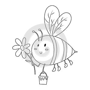 Bee Holding Flower and Honey Bucket Colorless