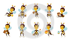 Bee with honey. Cute character with pot and jar, sweet farm mascot, happy flying insect in different poses, food product