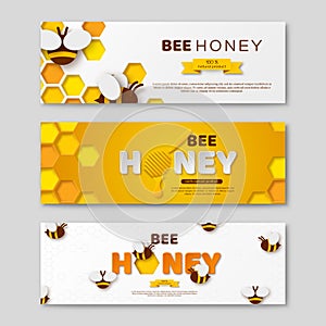 Bee honey horizontal banners with paper cut style letters, comb and bees, vector illustration.