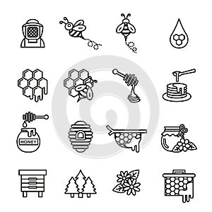 Bee and honey icons set. Thin line style stock.