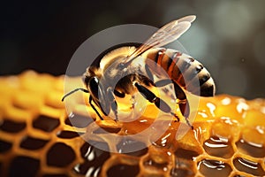 bee honey pollen gold nature yellow honeyed background insect macro closeup. Generative AI.