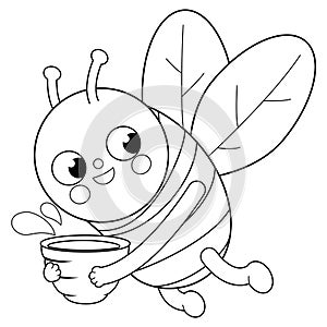 Bee with honey pot. Vector black and white coloring page