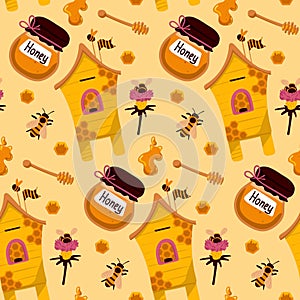 Bee honey seamless pattern Honey yellow template With a jar of honey, bees, and a hive. Cute hand drawn sweet natural