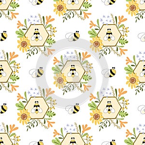 Bee honey seamless pattern Honeycomb floral yellow template background Fly bee flowers decorative illustration
