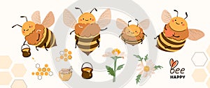 Bee honey set vector illustration. Cute cartoon bee character isolated on white background. Fun and happy smiling insect