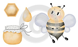 Bee and honey watercolor hand drawn set on isolated background. Cartoon drawings of a honeycomb with a jar of honey to