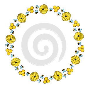 bee and honeycomb cartoon style round frame