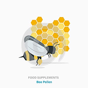 Bee and honeycomb flat vector illustration. Bee pollen and food supplements concept