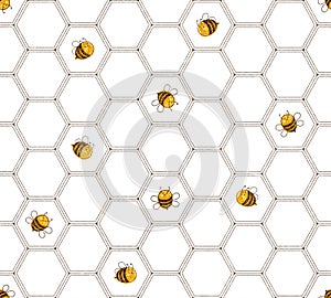 Bee and honeycomb seamless vector pattern texture. Hand drawn engraving style vector illustration