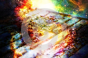 Bee honeycombs with honey and bees on abstract structured space background.