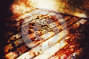 Bee honeycombs with honey and bees on abstract structured space background.