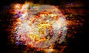 Bee honeycombs with honey and bees on abstract structured space background.