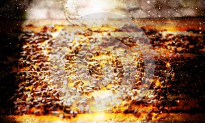 Bee honeycombs with honey and bees on abstract structured space background.