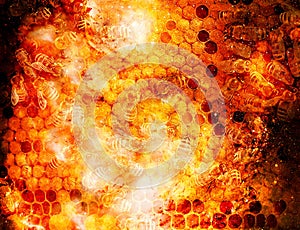 Bee honeycombs with honey and bees on abstract structured space background.