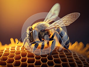 Bee on honeycombs with honey slices nectar into cells. Macro image of a bee on a frame from a hive. Bees on honeycomb.
