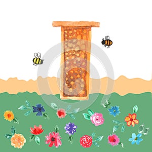 Bee hotel insect bumblebee bee bug house, wooden object produced to mimic the solitary bees natural breeding nests. Watercolor