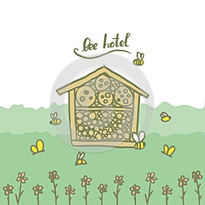 Bee hotel insect butterfly bug house, wooden object produced to mimic the solitary bees natural breeding nests. Doodle by hand