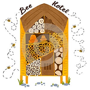 Bee hotel watercolor illustration with wood house with compartments, natural components and honey bees.