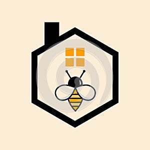 Bee and house illustration design. Honey bee flat design.