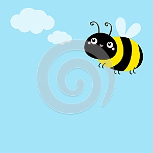 Bee icon. White clouds. Flying insect collection. Cute cartoon kawaii funny baby caharacter. Happy Valentines Day. Flat design.