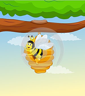Bee inside honey comb on tree
