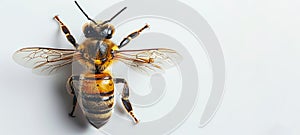 Bee isolated on a white backdrop. Detailed bee close-up. Concept of entomology, pollination biology, and ecological