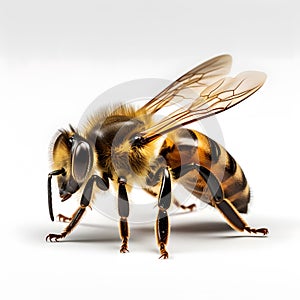 Bee isolated on white background. Macro shot of a honeybee.