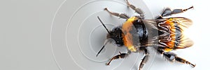 Bee isolated on a white surface. Detailed bee close-up. Concept of entomology, pollination biology, and ecological photo