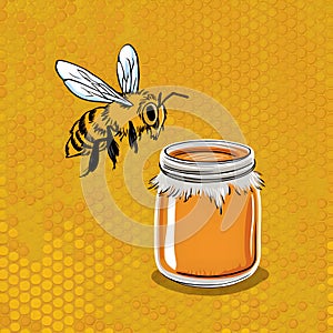 Bee and jar of honey depicted in apiary setting, natural symbiosis photo