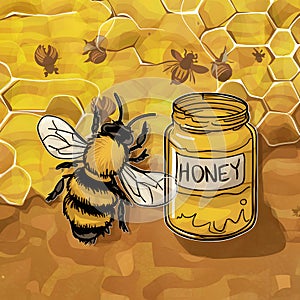 Bee and jar of honey depicted in apiary setting, natural symbiosis photo