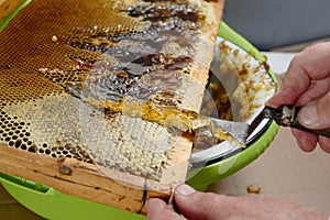 The bee-keeper cuts off a knife wax